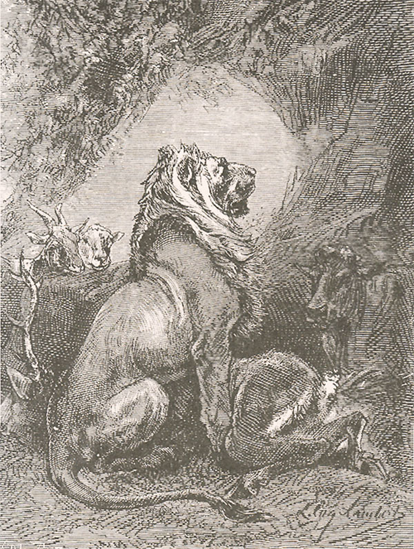 Лев на ловле. Художник Е. Ламберт, 1914 г., басня Крылова